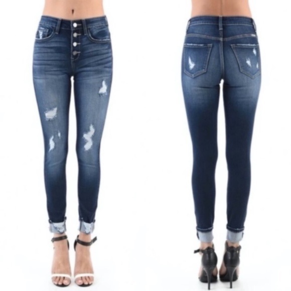 Kan Can Distressed Skinny Denim Jeans dark wash - Picture 3 of 5
